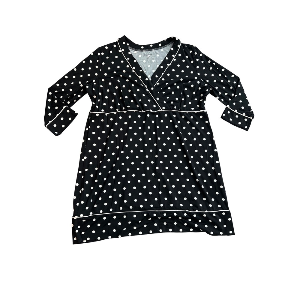 Lands End Womens Polka Dot Swim Dress Black White XL Petite V-Neck 3/4 Sleeve